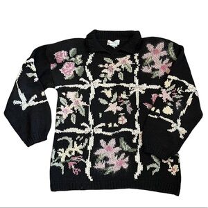 Jennifer Reed Sweater Collared Black Floral Medium Vintage Cottagecore